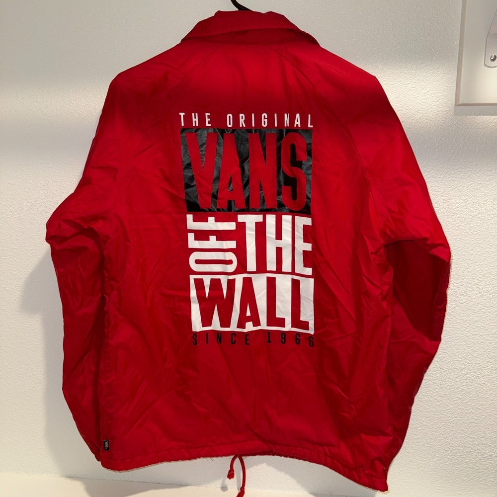 Vans Off The Wall Coach Jacket Mens Small Red Snap Front Skate Windbreaker - Picture 3 of 7